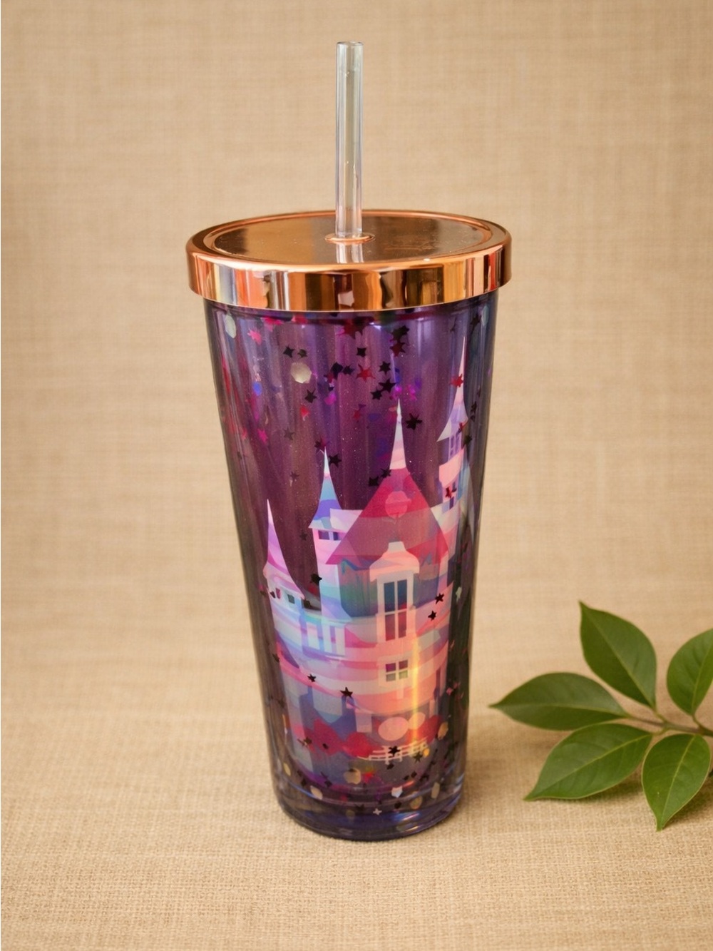 Disney Castle Tumbler – 650 mL, Pink/Purple Holographic, BPA‑Free